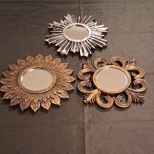 Decorative Plastic Sunburst Wall Mirror Set of 3 in Gold and Silver Tone